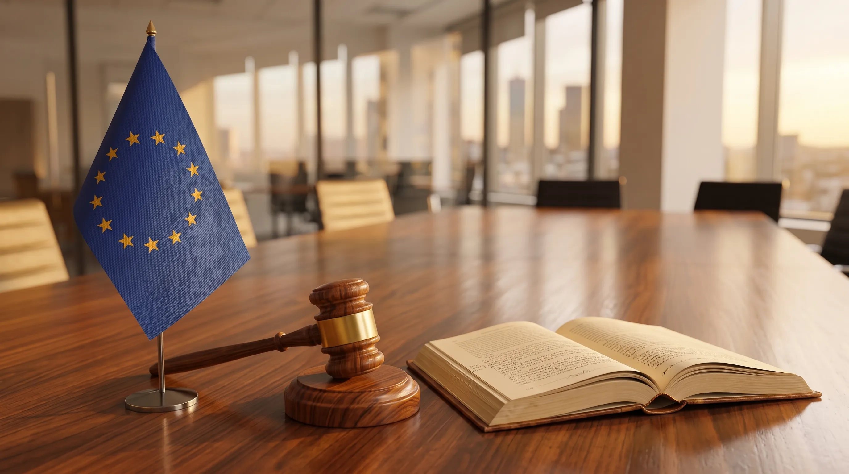 Europaflagge, Richterhammer und ein aufgeschlagenes Gesetzbuch auf einem Besprechungstisch