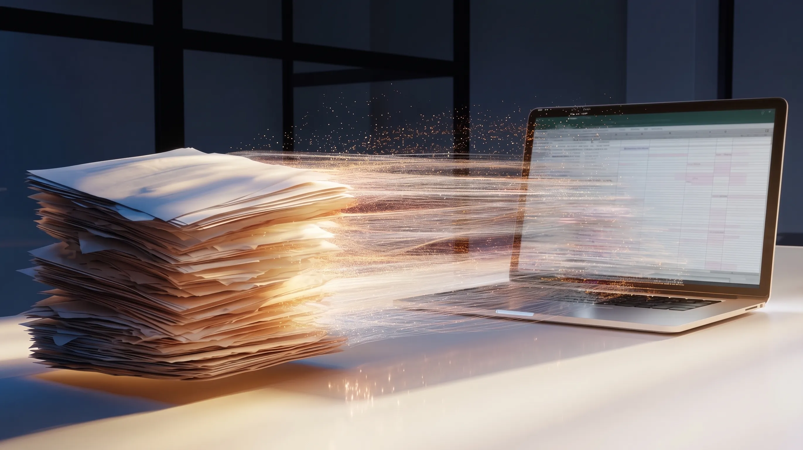 Ein Stapel Papierakten löst sich in leuchtende Teilchen auf und zieht in einen aufgeklappten Laptop mit einer Tabelle